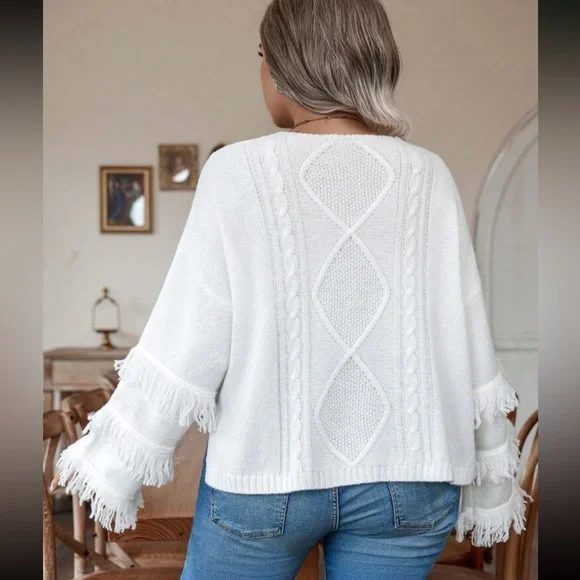 Plus size cozy fringe detail cable knit sweater top